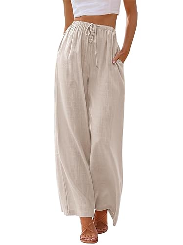 LILLUSORY Women's Linen Summer Palazzo Pants Flowy Wide Leg Beach Pants with Pockets - Large - Apricot