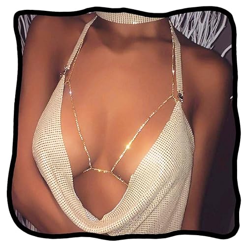 Woeoe Rhinestone Chain Bra Crystal Body Chains for Women Necklace Sexy Bikini Nightclub Body Chain Jewelry - gold