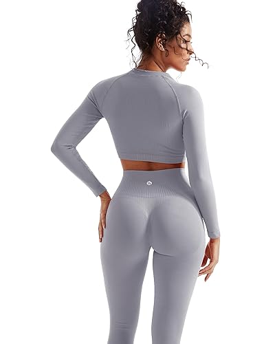 SUUKSESS Women 2 Piece Workout Sets Hidden Scrunch Butt Lifting Seamless Leggings Long Sleeve Yoga Crop Tops - Medium - Washed Blue
