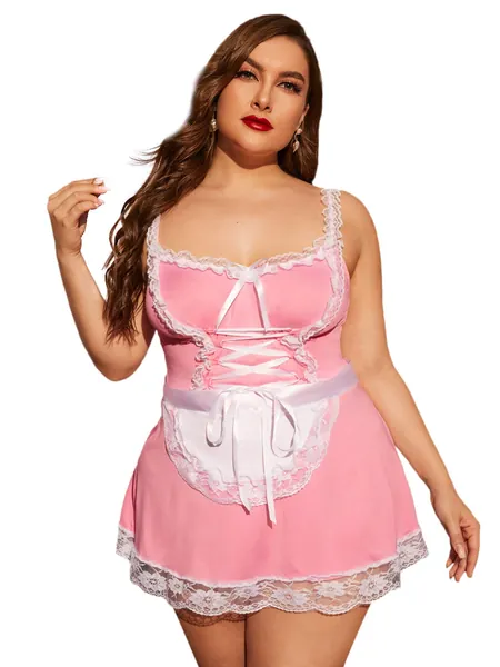 Floerns Women's Plus Size Sexy Lace V Neck Harness Sheer Mesh Lingerie Dress - XX-Large Baby Pink