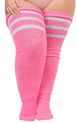 Plus Size Womens Thigh High Socks for Thick Thighs- Extra Long Striped Thick Over the Knee Stockings- Leg Warmer Boot Socks - Pink & White
