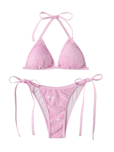 SweatyRocks Women's Sequin 2 Piece Swimsuit Halter Triangle Bikini Tie Side Bathing Suit - Large pink