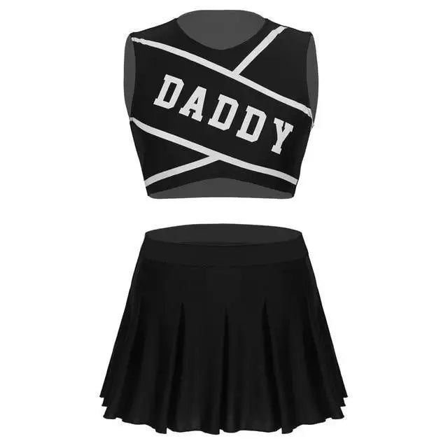 Cute Cheerleader Outfit with Belly Shirt and Matching Skirt - Black / S
