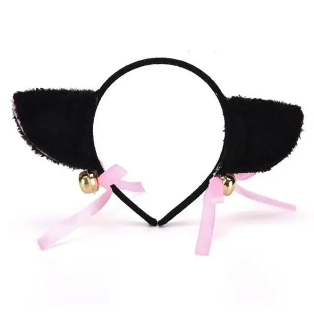 Fuzzy Kitty Cat Ear Headband with Bells and Ribbon - Black
