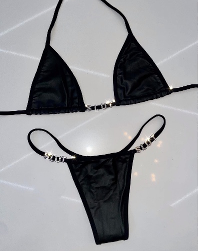 Not yours latex look rhinestone thong bikini | Small/medium