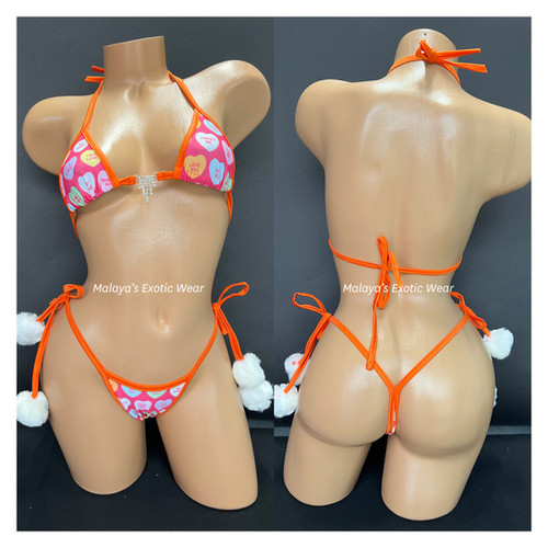 Sexy Bikini - Sweetie Pie Rhinestone Pom Pom Thong Bikini - Candy Hearts