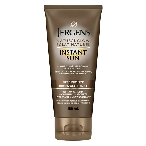 Jergens Natural Glow Instant Sun Sunless Tanning Moisturizer + Bronzer, Deep Bronze (180 mL)