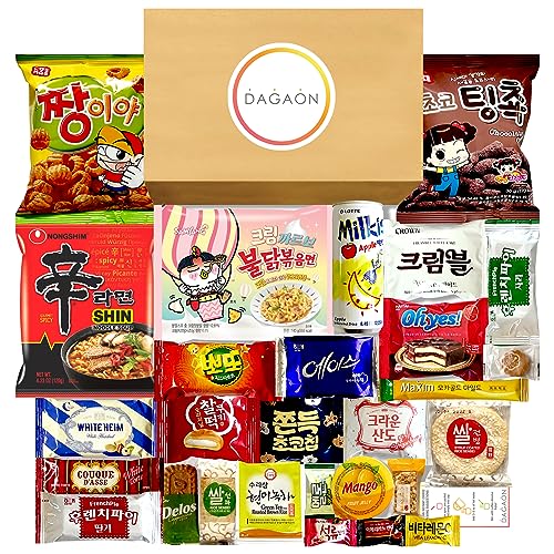 Dagaon Delightful Korean Snack Box 28 Count – Tasty Korean Snacks and Foods Including Chips, Biscuits, Cookies, Pies, Candies, Drinks, Ramen Noodles. Assortment of Korean snacks and foods for everyone.