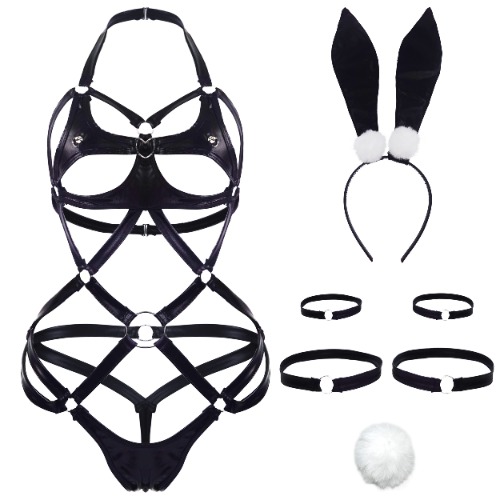 paloli Punk Gothic Full Cage Body Harness for Women | Elastic Strappy Hollow Ruffle Tutu Garter Belts Waist Set - Bunnyblack