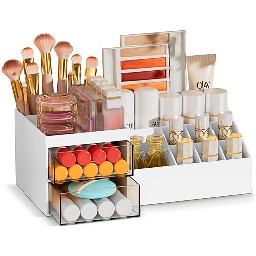Subsky Make up Organizer mit Schubladen, Multifunktion Schminktisch Organizer Einfache Aufbewahrung für Make-Up Pinsel Wattepads, Schreibtisch Organizer für Dresser Skincare Weiß - Weiß mit Schubladen