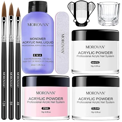 Morovan Acryl Nagelset Starterset Komplett - 3 Farben Acryl Pulver Nails mit 3 Acryl Pinsel für Nägel Professionell Acryl Nägel Starterset für Anfänger Selber Machen Acrylnägel - Mehrfarbig