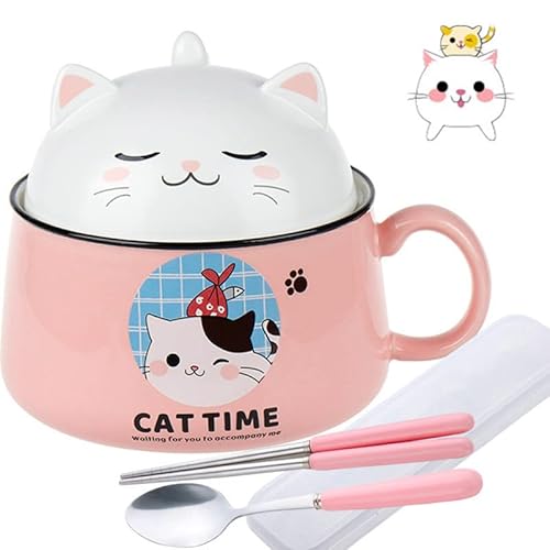 Müslischalen Ramen Schüssel Salatschalen mit Deckel und Henkel - 1020mL Keramik Schüssel Instant Nudelschale Suppenschale - Katze Pastaschüsseln Dessertschalen Nudeln Suppe Lunchbox für Kinder
