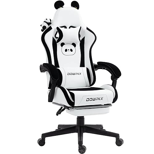Dowinx Gaming Stuhl - Süße Panda Edition - Ergonomischer Computerstuhl mit Hoher Rückenlehne und Lendenwirbelstütze, PU-Leder, Fußstütze, Panda - Schwarz Weiß - Kaninchen