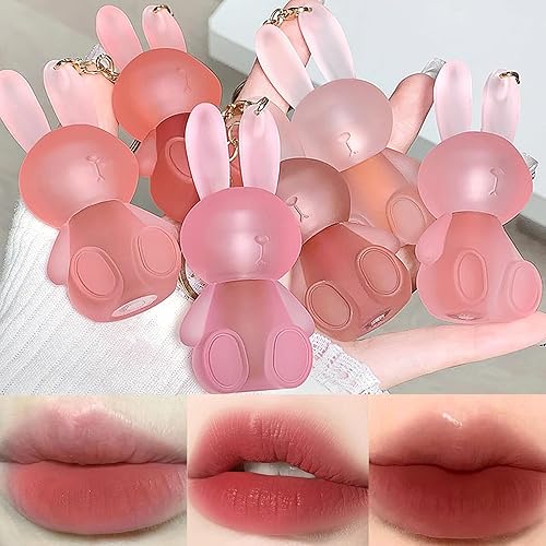 6 Farben Lippenstift Matte Lipstick set,Cute Rabbit Lip Glaze 2 in 1 Key Chain Lip Gloss Lip Stain, Waterproof Non-Stick Cup Long Lasting Lip Clay Cute Lip Makeup - A