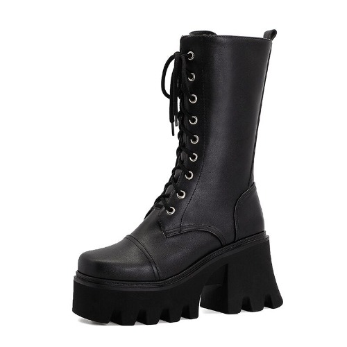 'Something Wicked' Black Lace Up Chunky 90's Goth Boots - black / 12
