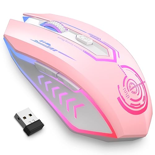 UHURU Gaming Mouse, Wireless Gaming Mouse with 6 Buttons 7 Changeable LED Color up to 10000 DPI, Rechargeable USB Gamer Mouse for PC Laptop (Pink) - pink