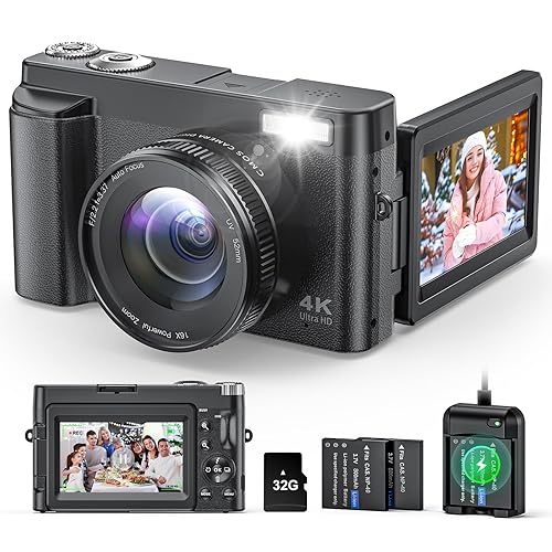 4K Digital Camera for Photography and Video, Autofocus Anti-Shake 48MP Vlogging Camera for YouTube, 3'' 180°Flip Screen Camera with Flash 16X Zoom, Digital Camera with 32GB Card Battery Charger Black - Black