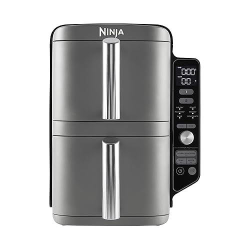 Ninja Double Stack XL Friteuse sans huile, friteuse verticale à 2 tiroirs, 4 niveaux cuisson, 2 tiroirs et 2 grilles, design compact, capacité de 9,5L, 6 fonctions de cuisson, 8 portions, gris SL400EU - Gestapelde dubbele lade - 9.5L - Grijs