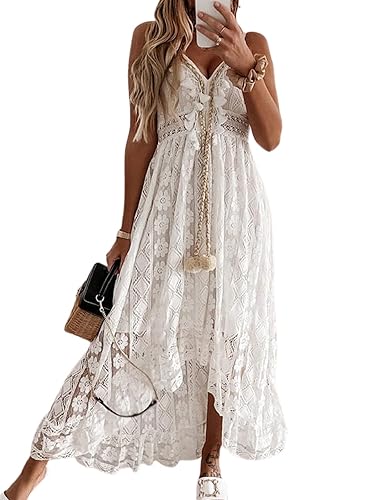CUPSHE Robe d'été pour Femme Boho Maxi à Lacets avec Pompon col en V évasé à Volants Robes de Plage - S - Blanc
