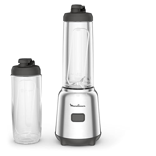 Moulinex Mix & Move Blender mixeur, 300 W, Capacité totale 0,8 L, Capacité utile 0,6 L, 2 bouteilles à emporter en Tritan, Compact, Ergonomique, Lames amovibles LM15FD10, Métal
