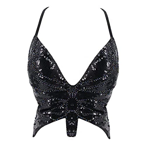 Mocure Womens Glitter Sequin Butterfly Crop Top Low-Cut Tank Top Rave Tube Vest Top for Belly Dance Costume Outfits