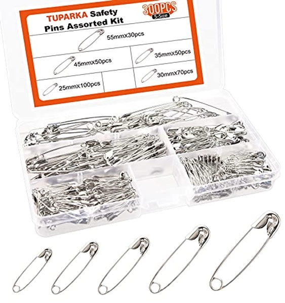 TUPARKA 300 Pcs Assorted Safety Pins Nickel Plated Pins for Clothing Crafts Arts,5 Sizes (25,30,35,45,55mm)