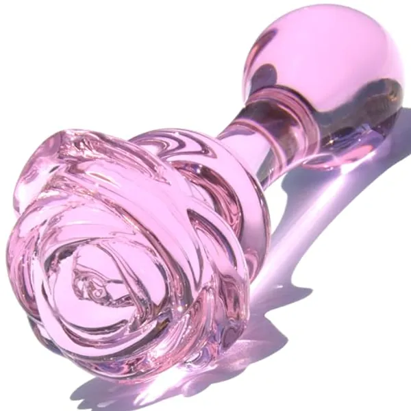 Glass Anal Plug Pink Butt Plug Prostate Massager with Long Neck, Rose Round Base and Gradual Head for Comfortable Wearing Fetish Anal Dilator Masturbation Sex Toy for Men Women, 5.35 x 1.37 inch TJIJP