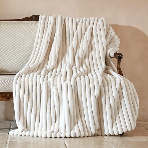 Amélie Home Faux Fur Throw Blanket for Couch, Rabbit Fur Warm Luxurious Soft Striped Cozy Fluffy Plush Gift Blankets for Family Sofa Chair Bed Living Room,Ivory,55 x 70 inch - Ivory - Throw（55" x 70"）