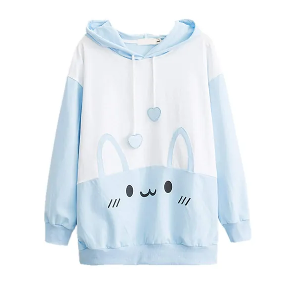 Bunny Hoodie Kawaii Print Loose Casual Pullover Hoodie Tops - Blue Large