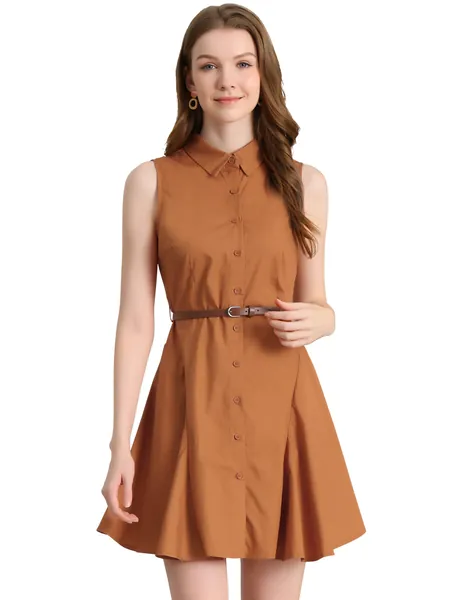 Allegra K Belted Dress for Women's Sleeveless Button-Down Flared A-Line Shirt Dress - Large Caramel