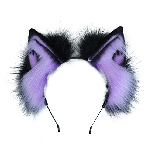 Cosplay Fluffy Purple Animal Fox Wolf Cat Dog Ears Headband Hairband Hair Hoop Halloween Costume Party Headpiece Headwear Hair Accessories G Black - H Purple