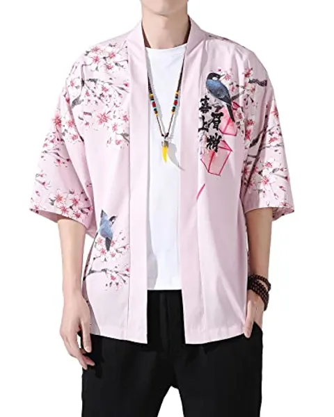 PRIJOUHE Men's Lightweight Kimono Jacket Seven Sleeve Open Front Cardigan Coat Japanese Style Bathrobe