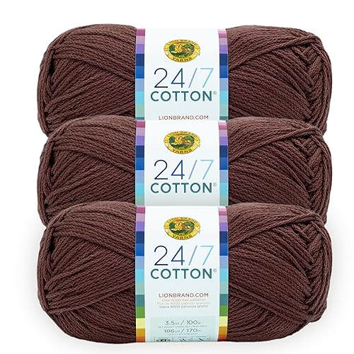 Lion Brand 24/7 Cotton Yarn, Lightweight Yarn for Knitting, Crocheting, and Crafts, Coffee Beans, 3 Pack - 3 Pack - Coffee Beans