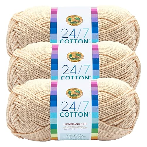 Lion Brand 24/7 Cotton Yarn, Lightweight Yarn for Knitting, Crocheting, and Crafts, Ecru, 3 Pack - 3 Pack - Ecru