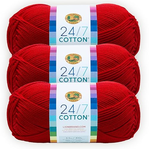 Lion Brand 24/7 Cotton Yarn, Lightweight Yarn for Knitting, Crocheting, and Crafts, Red, 3 Pack - 3 Pack - Red