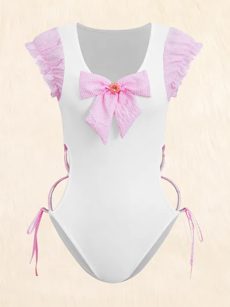 ROMWE Kawaii Contrast Plaid Bow Decor Cut Out Teddy Bodysuit