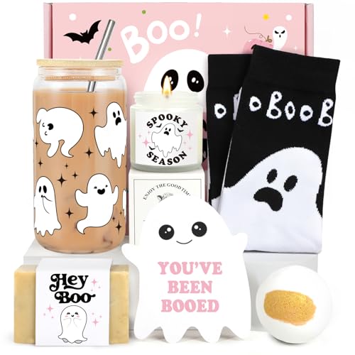 Halloween Gifts for Women Adults, Spooky Halloween Gifts Basket, Boo Basket Stuffers for Women, Halloween Glass Cups with Lid and Straw, Spooky Mug Cute Halloween Gifts for Women Her Sister Friend