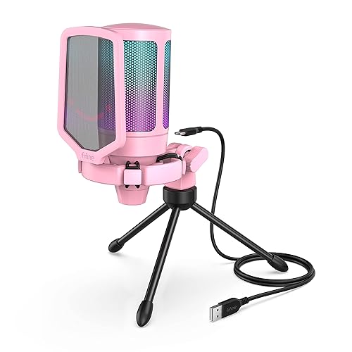 Fifine USB Gaming Microphone for PC PS4 PS5, Streaming RGB Computer Condenser Cardioid Mic with Mute Button, Volume Gain, Ideal for, YouTube, Video Podcasts-Pink A6P - Pink