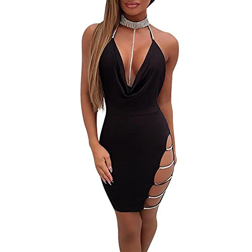 Women's Sexy Halter Prom Dress Backless Shining Rhinestone Trim Bodycon Wrap Dress Party Club Cocktail Dresses - Small - A01-black