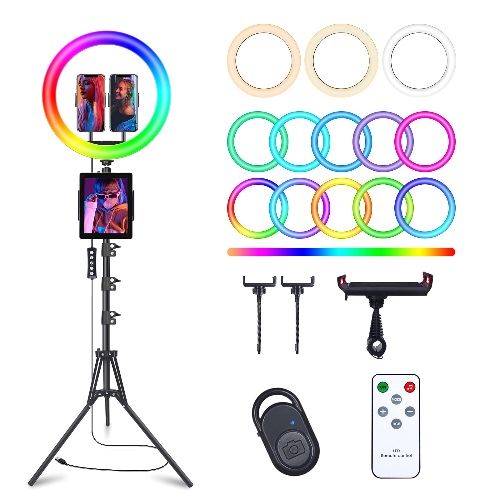 13" Selfie Ring Light with 63" Tripod Stand & 3 Phone Holder, LED Camera Ringlight with 48 RGB Colors Modes & Musical Rhythm Mode and 12 Brightness Dimmable for Makeup/Photography/Videos/Vlog/TikTok