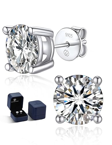 MomentWish Moissanite Stud Earrings, Moissanite Silver Earrings, D Color VVS1 Simulated Diamond 925 Sterling Silver Solitaire Earrings - 4 Carat-(2ct*2)-8mm - White Silver-4 Prong