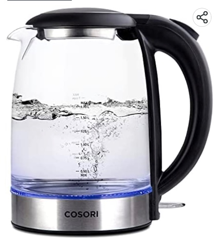 COSORI Electric Kettle 1.7L, 1500W Wide Opening Glass Tea Kettle & Hot Water Boiler, Stainless Steel Filter And Inner Lid, LED Indicator Auto Shut-Off & Boil-Dry Protection, Cordless, BPA Free, Black - Glass Kettle