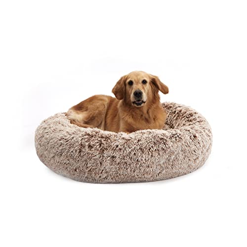 Bedfolks Calming Donut Dog Bed, 36 Inches Round Fluffy Dog Beds for Large Dogs, Anti-Anxiety Plush Dog Bed, Machine Washable Pet Bed (Brown, Large) - 91L x 91W x 20H cm - Brown