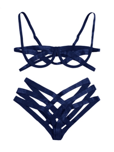 SheIn Women's Sexy Ladder Cut Out Lingerie Set Push Up Two Piece Bra and Panty - Small Navy Blue