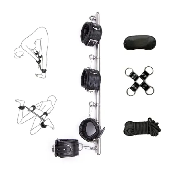 Spreader Bar Bondage Restraints Kit Handcuffs Sex Toys with Hogtie Blindfold Rope for Couples Adults SM Games (Silver)