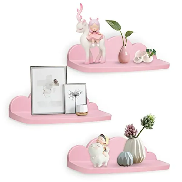 Veluckin Small Floating Shelves Mini Cloud Shelves Hanging Display Wall Shelf for Bathroom Livingroom Bedroom,3 Pack,with 2 Types of Installation,Pink