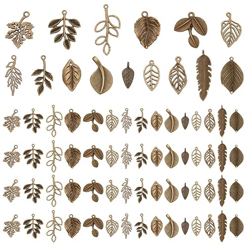 PH PandaHall 150pcs 15 Styles Tree Leaf Charms Pendants, Tibetan Branch Leaves Charms Metal Alloy Leaf Beads Antique Bronze Dangle Charm for Fall Earring Bracelet Necklace Kaychain Jewelry Making - Antique Bronze