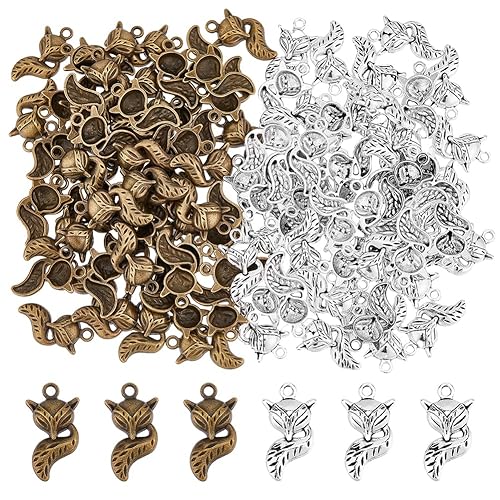 DICOSMETIC 120Pcs 2 Colors Cute Animal Charms Fox Charms Alloy Pendant Bulk Protection Lucky Charms Antique Bronze Silver Tibetan Style Pendants for DIY Bracelet Jewelry Making, Hole: 2mm - fox