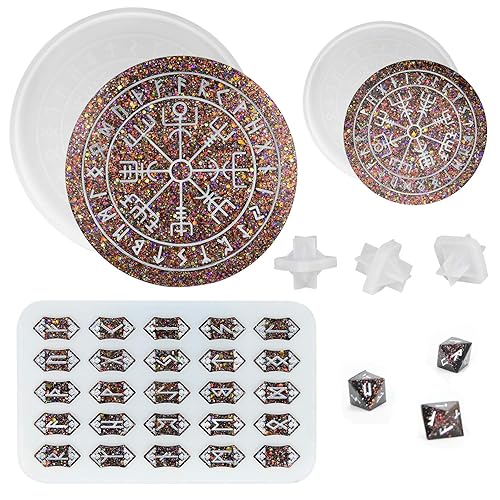 ResinWorld Rune Set Mold for Resin, Viking Divination Runes Resin Mold, Large Viking Rune Compass Silicone Mold, Rune Coaster Tray Mold, Runes Dice Mold