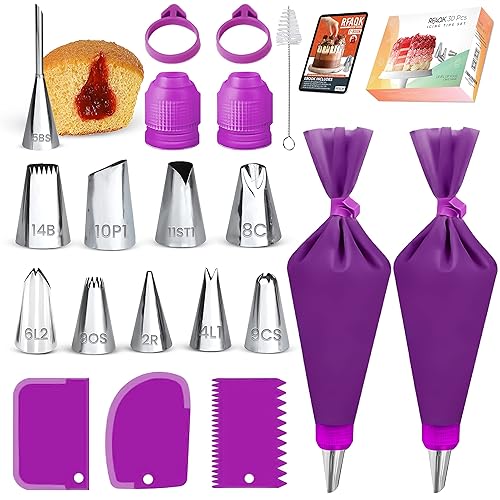 RFAQK 30PCs Piping Bags and Tips Set with EBook - Frosting Piping Kit with 10 Piping Tips,10 Pastry Bags, 2 Reusable Bags, 3 Icing Scrapers, 2 Couplers & 2 Ties for Cookies Cake Decorations (Purple) - Purple